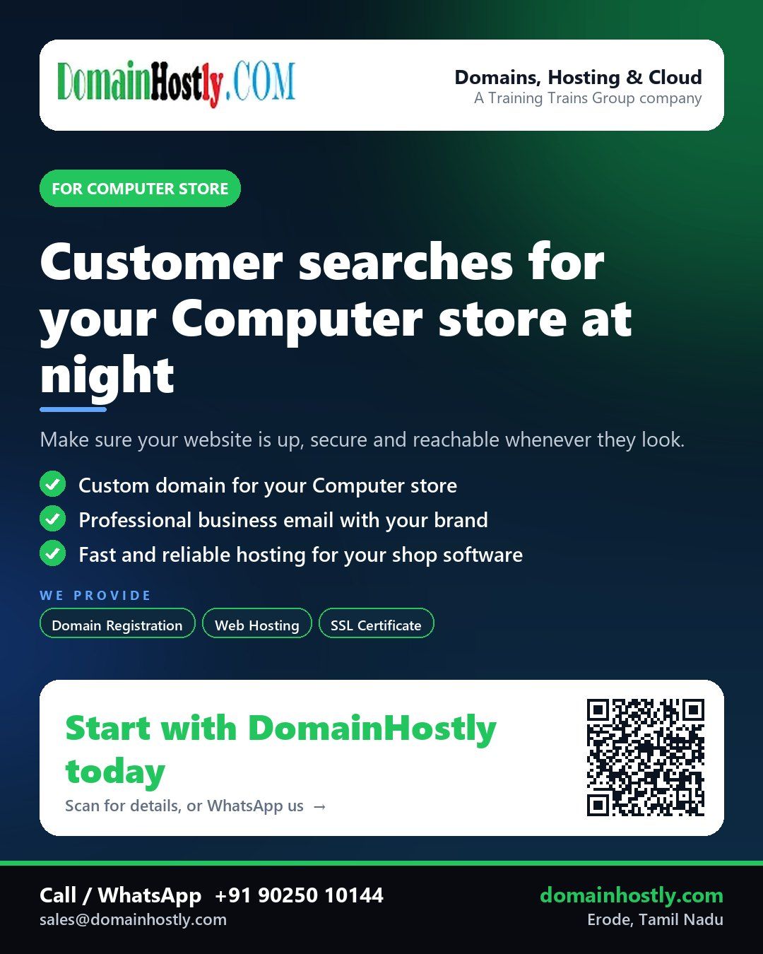 Computer store with DomainHostly branding showing domain registration and secure website