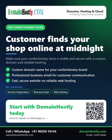 DomainHostly poster for Confectionery store: Customer finds your shop online at midnight