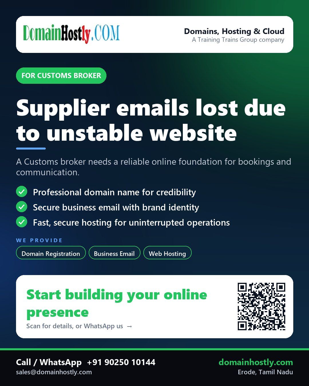 Customs broker using DomainHostly for a professional website, secure email, and reliable hosting