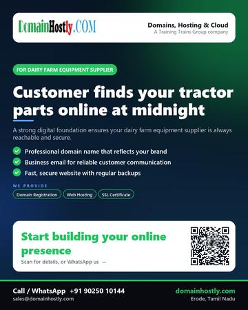 DomainHostly poster for Dairy farm equipment supplier: Customer finds your tractor parts online at midnight
