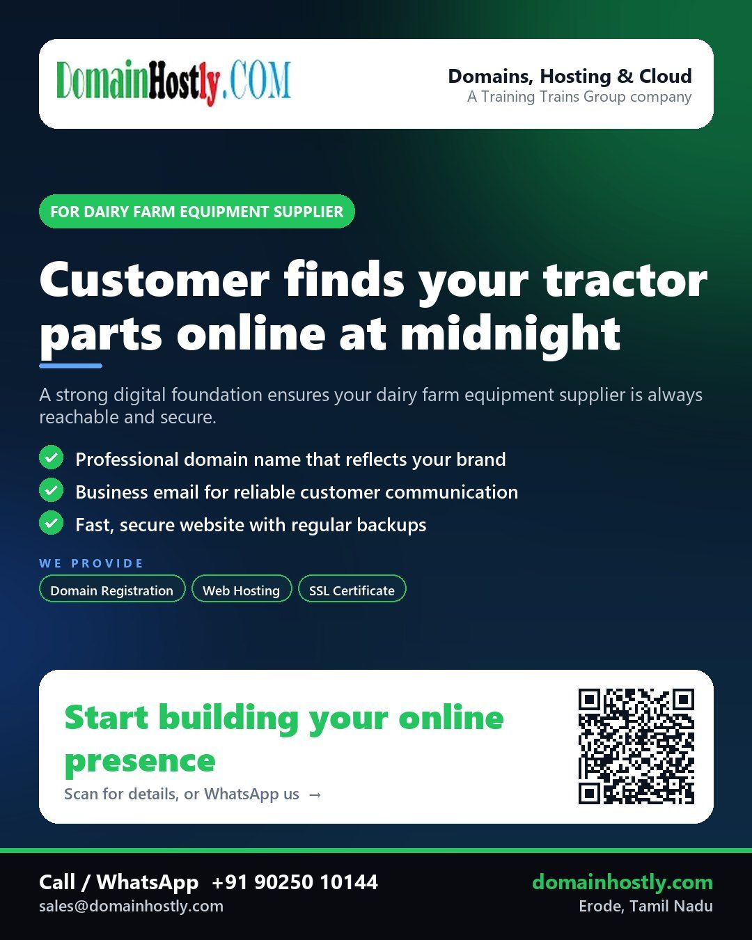 Dairy farm equipment supplier using DomainHostly for professional domain name and secure website