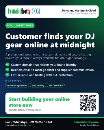 DomainHostly poster for DJ supply store: Customer finds your DJ gear online at midnight