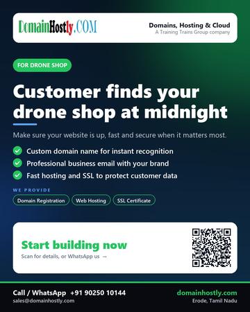DomainHostly poster for Drone shop: Customer finds your drone shop at midnight