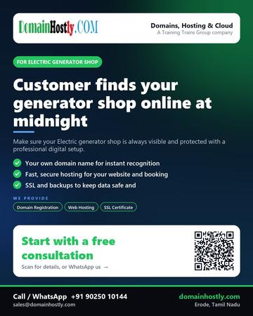 DomainHostly poster for Electric generator shop: Customer finds your generator shop online at midnight
