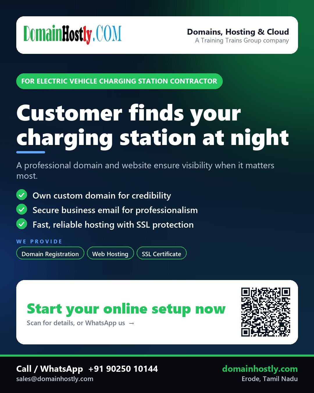 Electric vehicle charging station contractor with branded website on DomainHostly