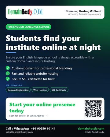 DomainHostly poster for English language school: Students find your institute online at night