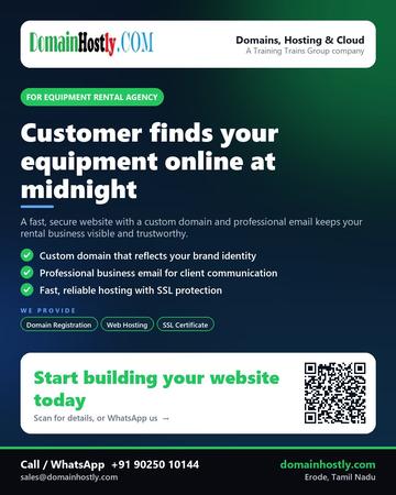 DomainHostly poster for Equipment rental agency: Customer finds your equipment online at midnight