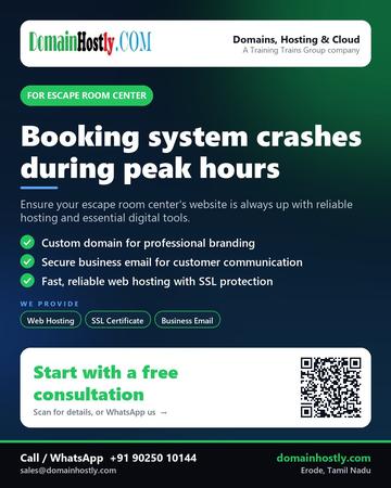 DomainHostly poster for Escape room center: Booking system crashes during peak hours