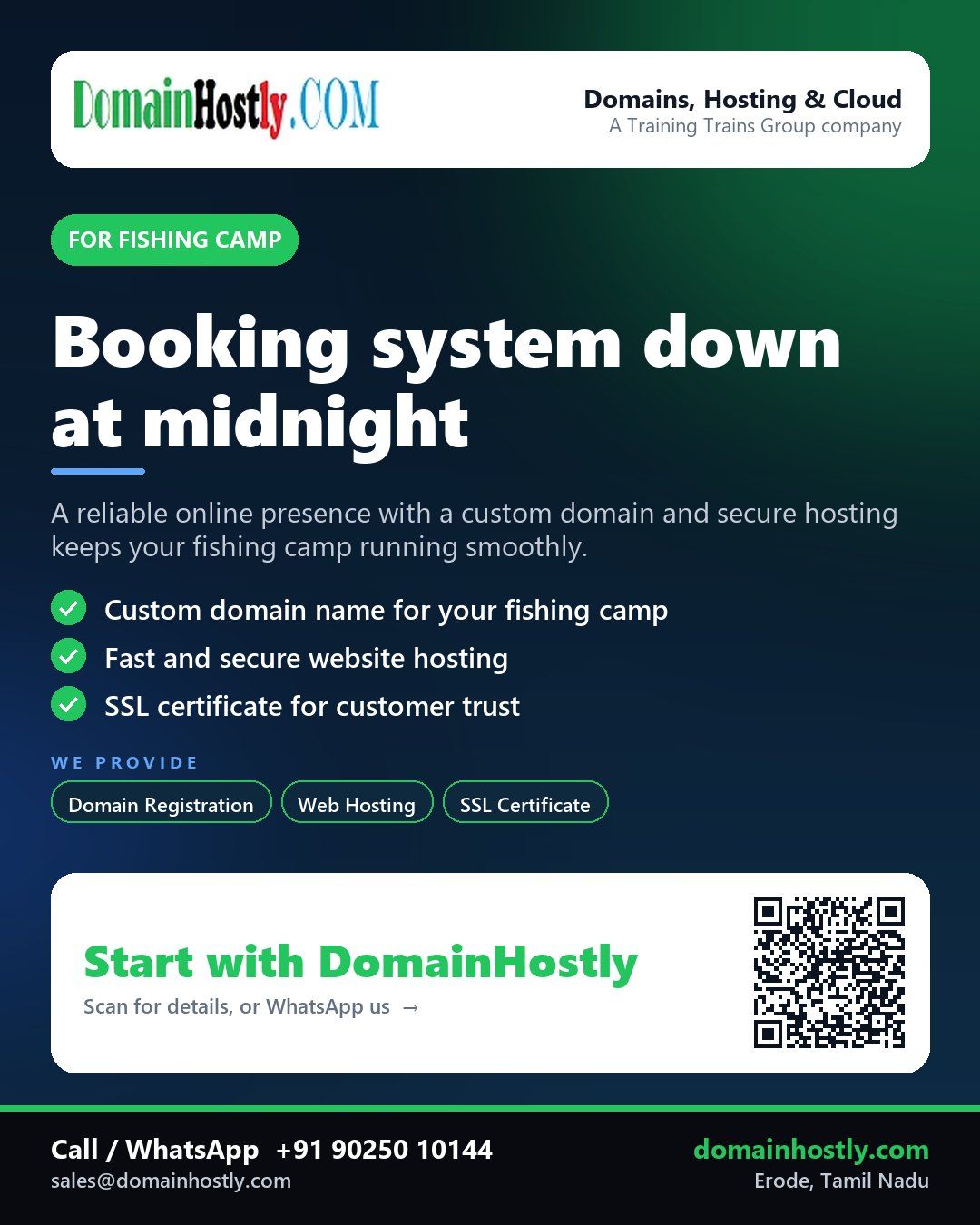 Fishing camp logo on a website with a custom domain and secure hosting by DomainHostly