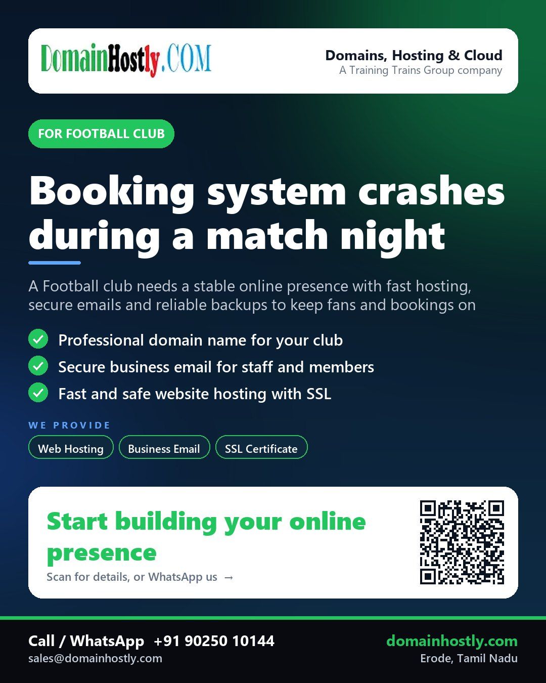 Football club brand with DomainHostly logo, showing a secure website and email setup