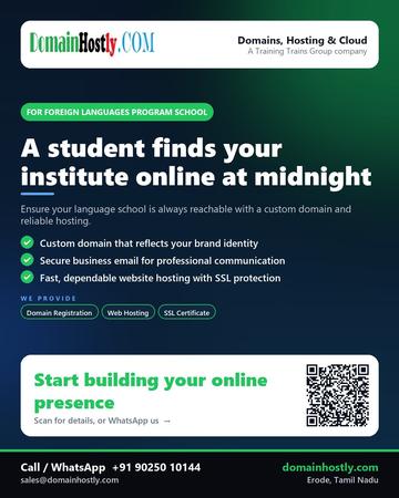 DomainHostly poster for Foreign languages program school: A student finds your institute online at midnight