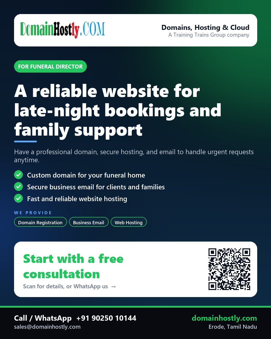 Funeral director using DomainHostly to manage their online presence with a custom domain and secure website