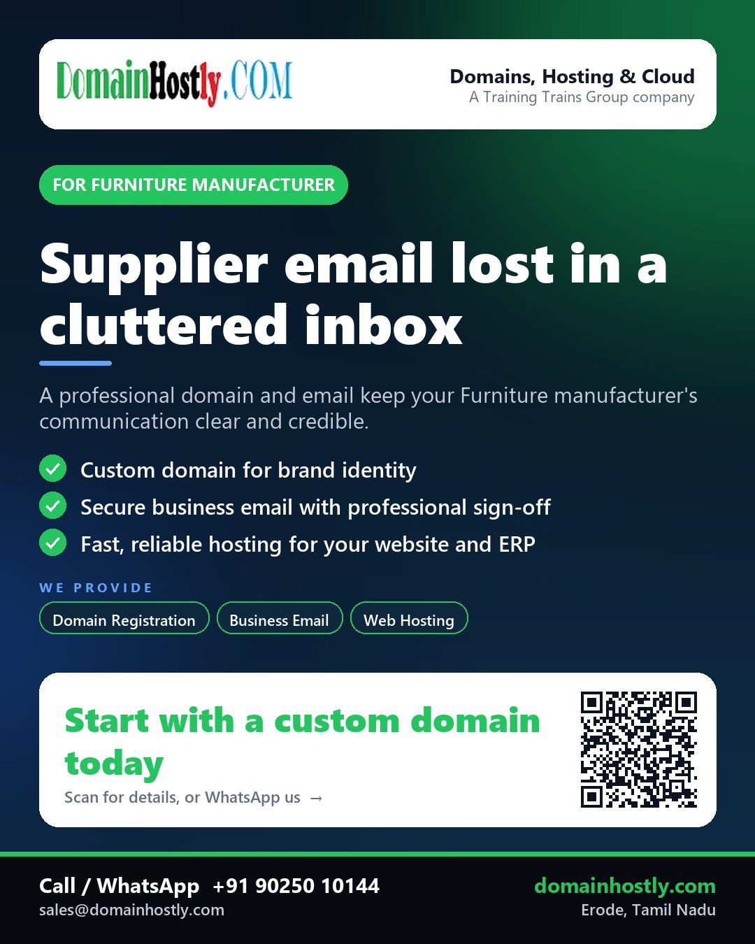 Furniture manufacturer using DomainHostly for professional domain, email, and website hosting