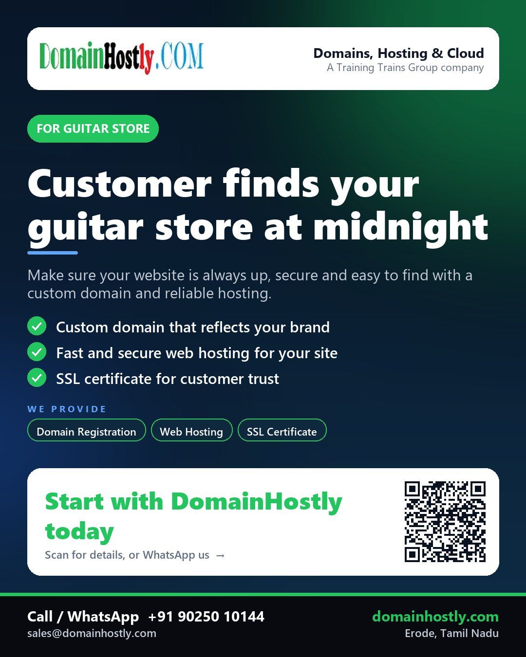 Guitar store with custom website, DomainHostly branding