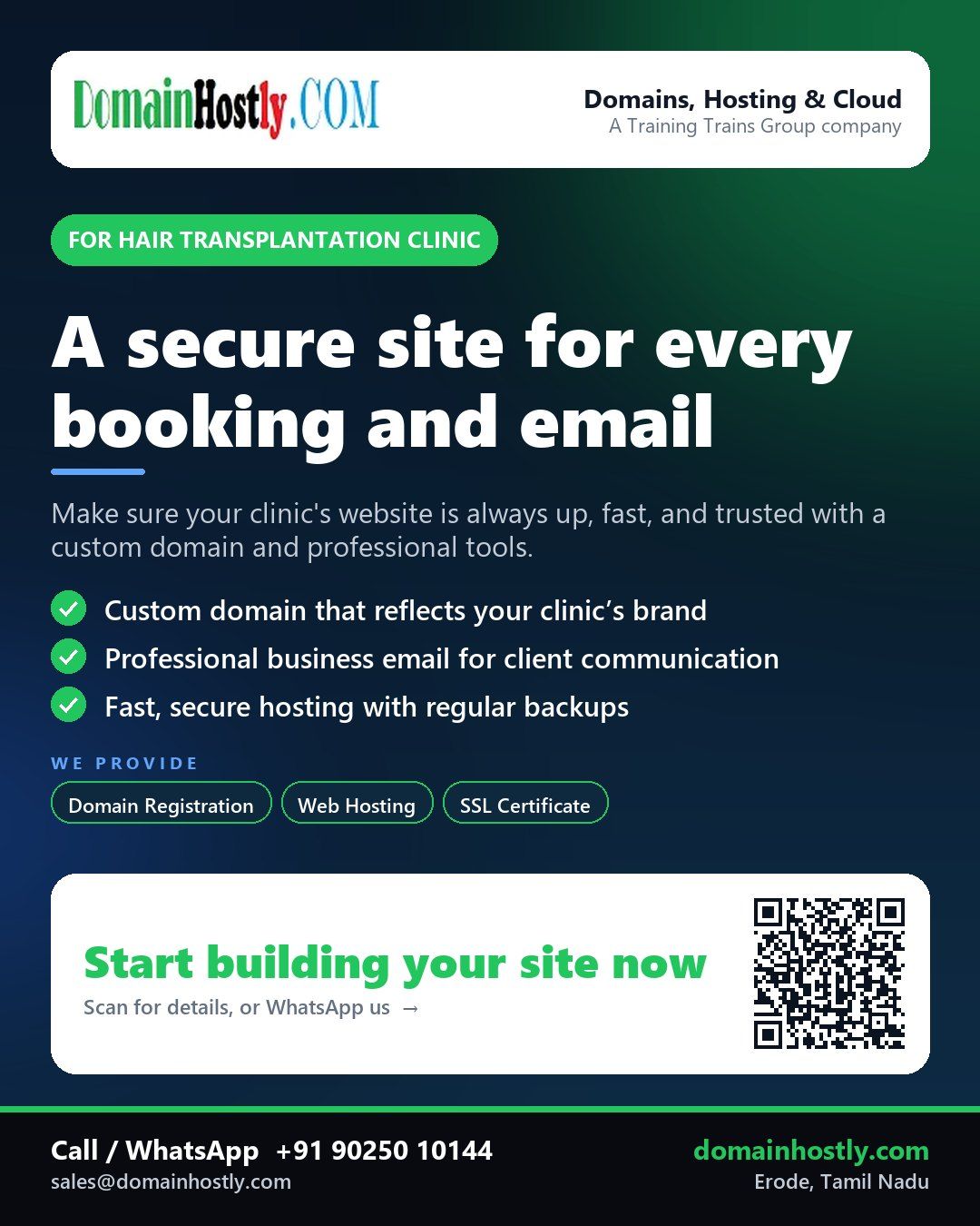 Hair transplantation clinic with a custom domain and secure website on DomainHostly