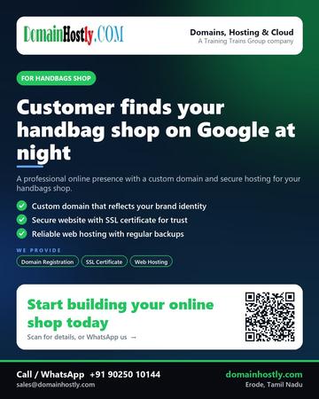 DomainHostly poster for Handbags shop: Customer finds your handbag shop on Google at night