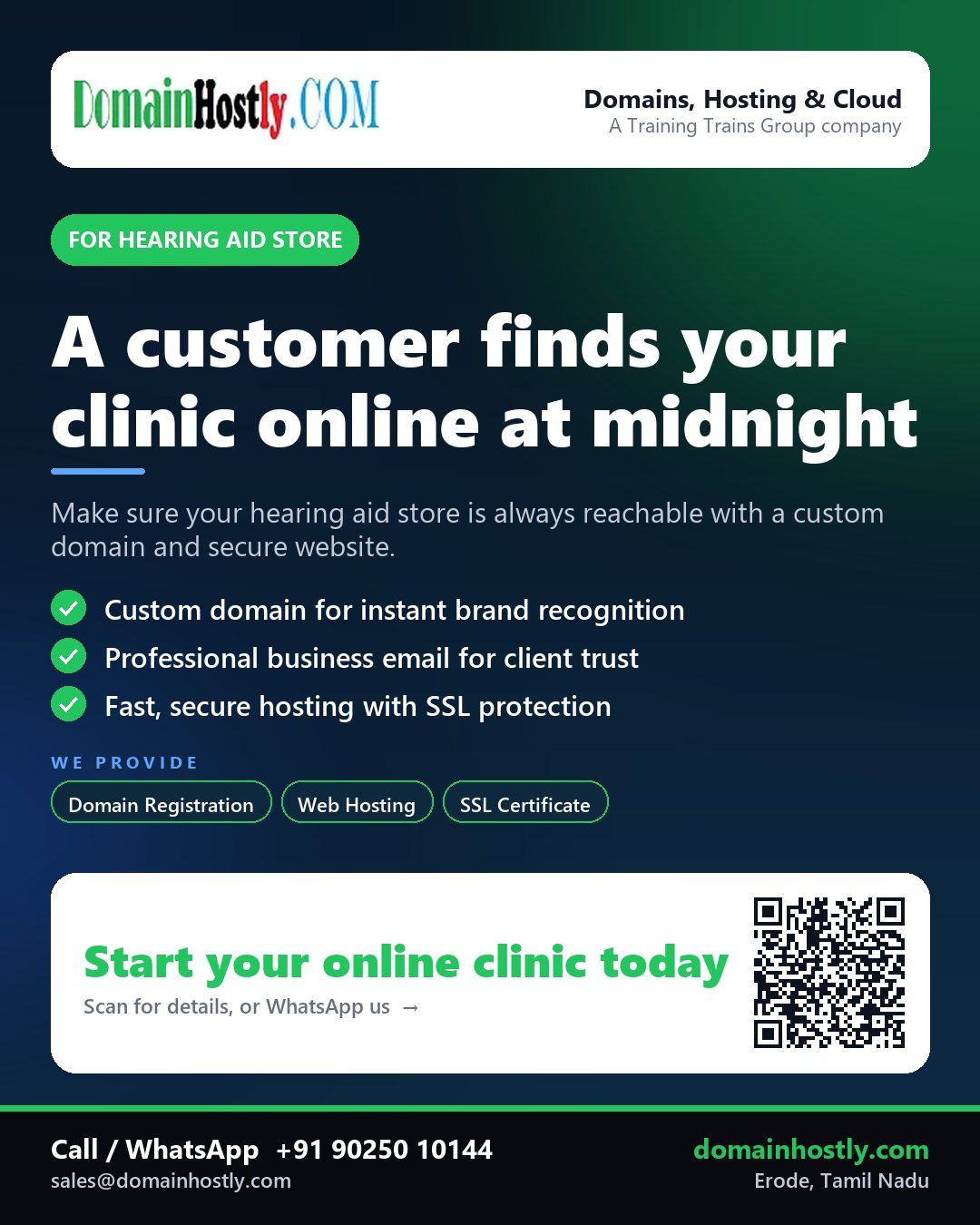 Hearing aid store logo with a custom domain and secure website displayed