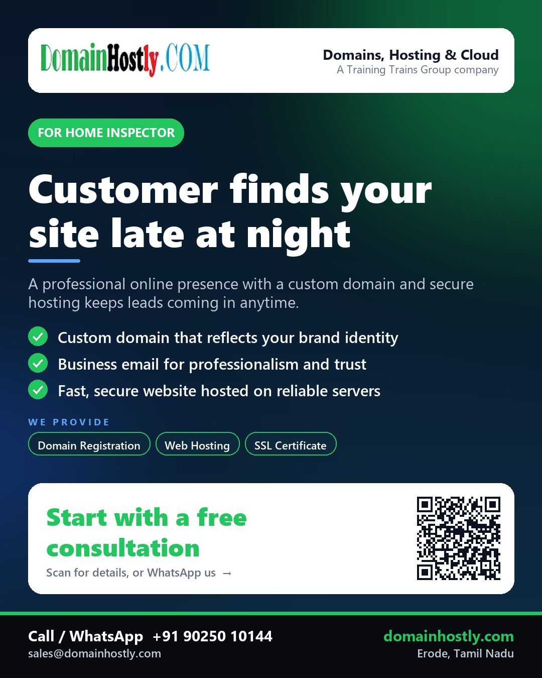 DomainHostly helping Home inspectors create a professional website with custom domain and secure hosting