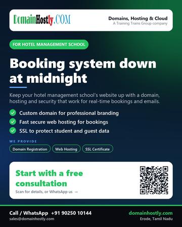 DomainHostly poster for Hotel management school: Booking system down at midnight