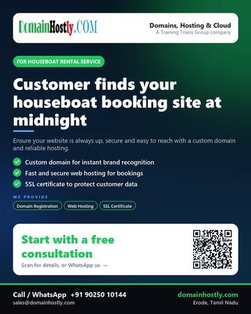 DomainHostly poster for Houseboat rental service: Customer finds your houseboat booking site at midnight