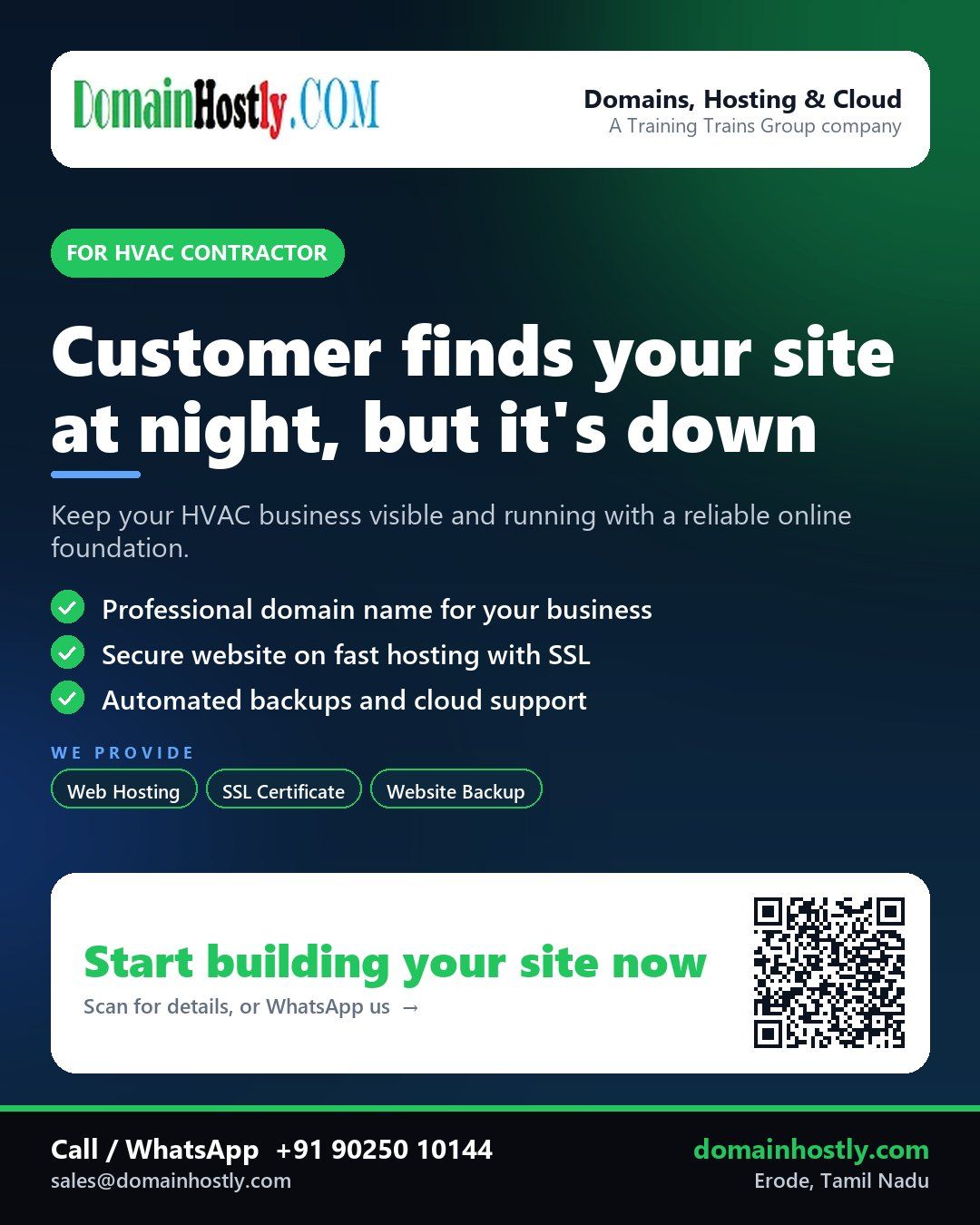 HVAC contractor's website down at night, DomainHostly helping to restore it with reliable hosting and backups