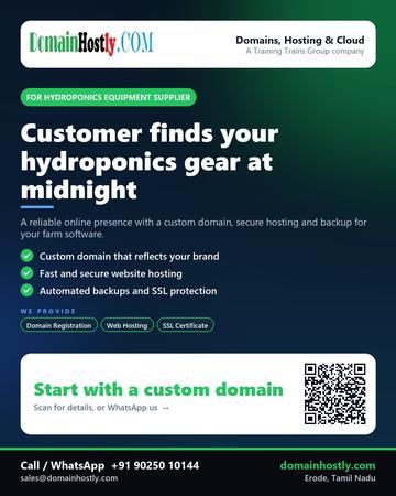 DomainHostly poster for Hydroponics equipment supplier: Customer finds your hydroponics gear at midnight