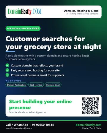 DomainHostly poster for Indian grocery store: Customer searches for your grocery store at night