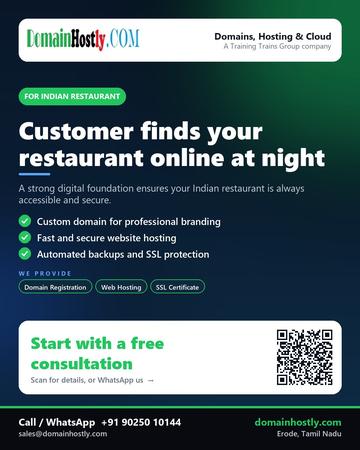 DomainHostly poster for Indian restaurant: Customer finds your restaurant online at night
