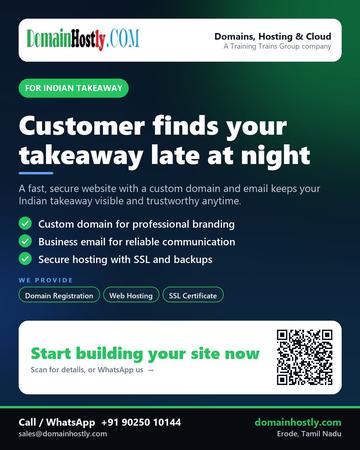 DomainHostly poster for Indian takeaway: Customer finds your takeaway late at night
