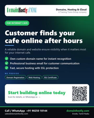DomainHostly poster for Internet cafe: Customer finds your cafe online after hours