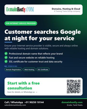 DomainHostly poster for Internet service provider: Customer searches Google at night for your service
