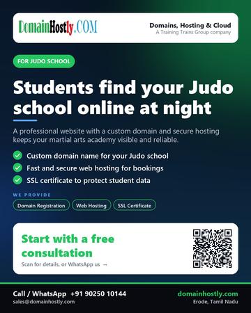 DomainHostly poster for Judo school: Students find your Judo school online at night
