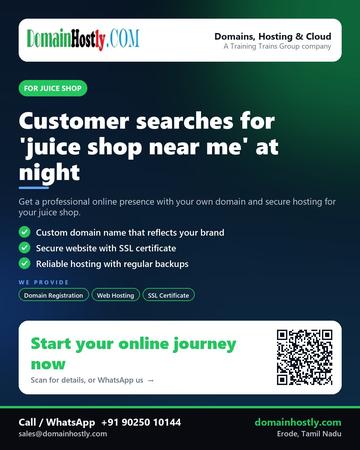 DomainHostly poster for Juice shop: Customer searches for 'juice shop near me' at night