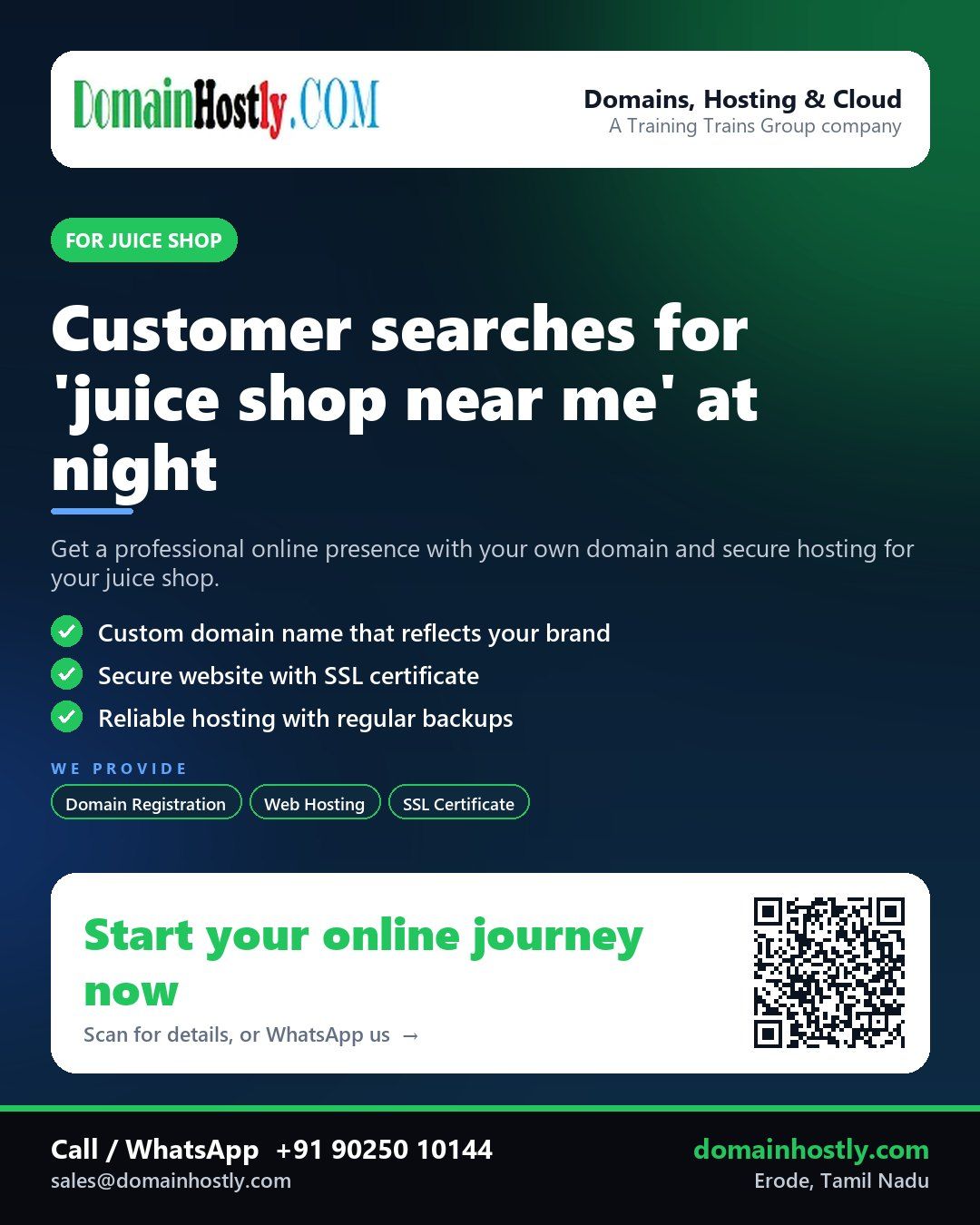 Juice shop owner using a laptop to manage their online store with DomainHostly