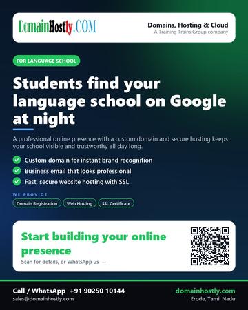 DomainHostly poster for Language school: Students find your language school on Google at night