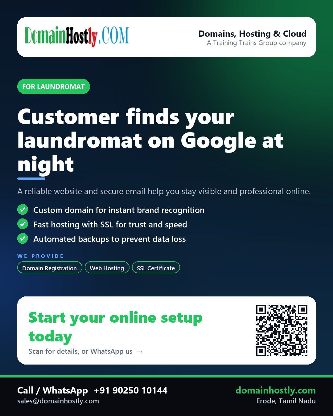 Laundromat owner using DomainHostly services for a professional website and business email