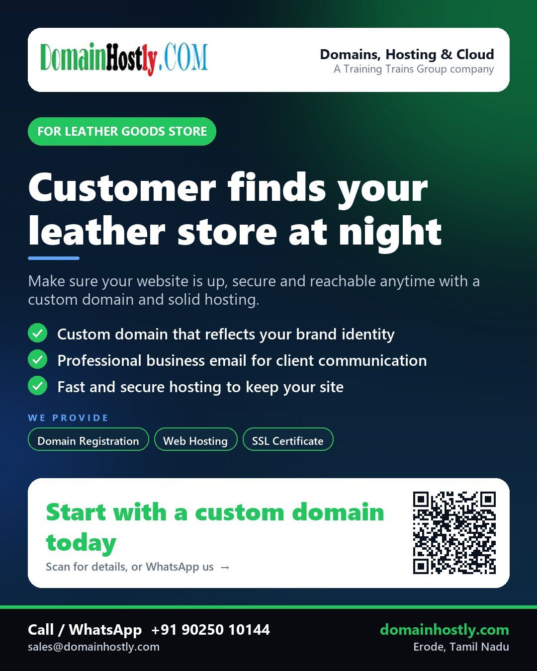 Leather goods store owner using a custom domain and secure hosting with DomainHostly
