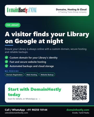 DomainHostly poster for Library: A visitor finds your Library on Google at night