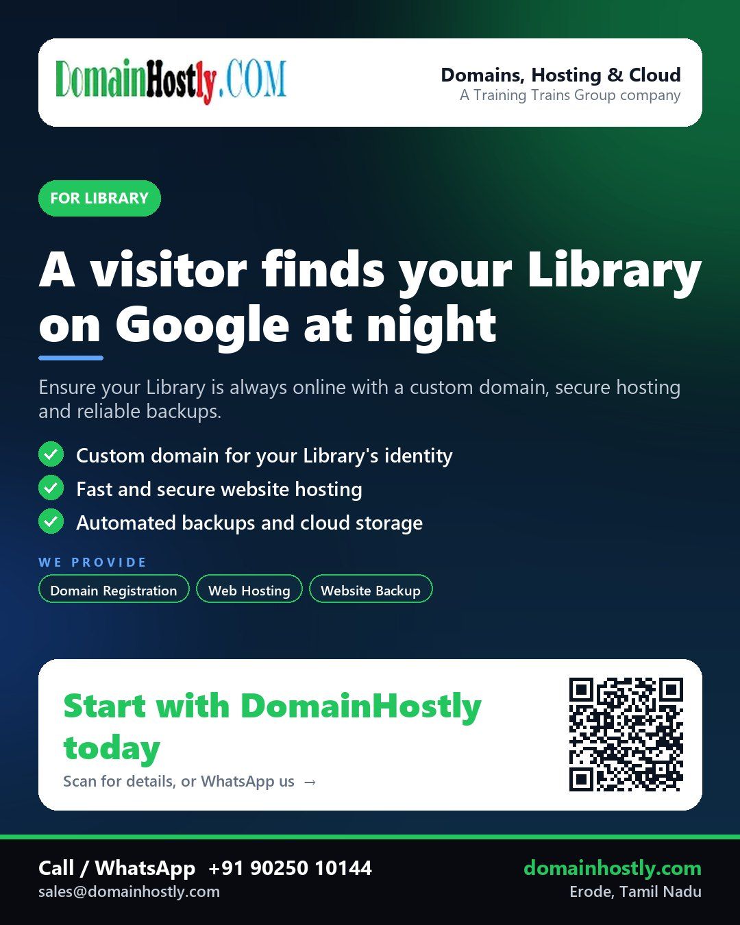 Library with DomainHostly logo showing a custom domain, secure website and cloud backup