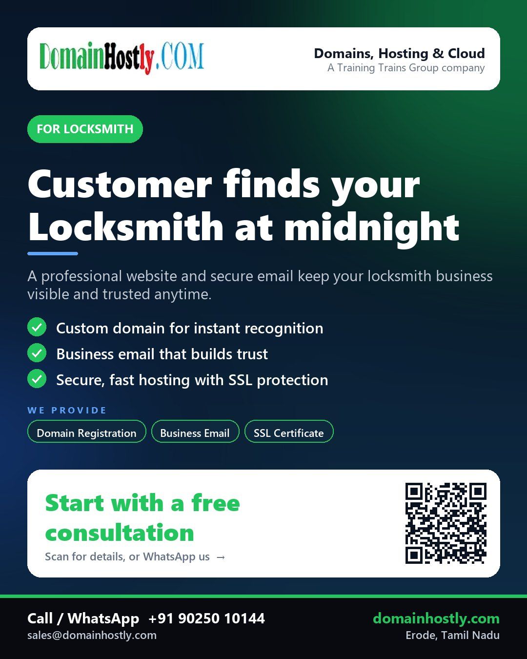 Locksmith business using DomainHostly for a professional website and secure email