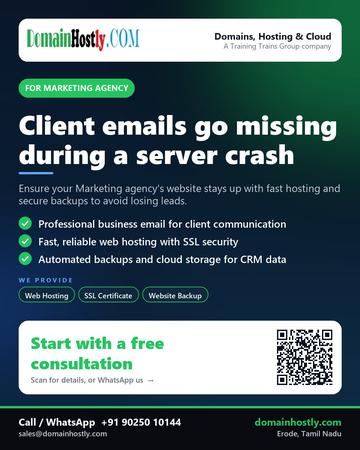 DomainHostly poster for Marketing agency: Client emails go missing during a server crash
