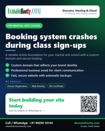 DomainHostly poster for Martial arts school: Booking system crashes during class sign-ups