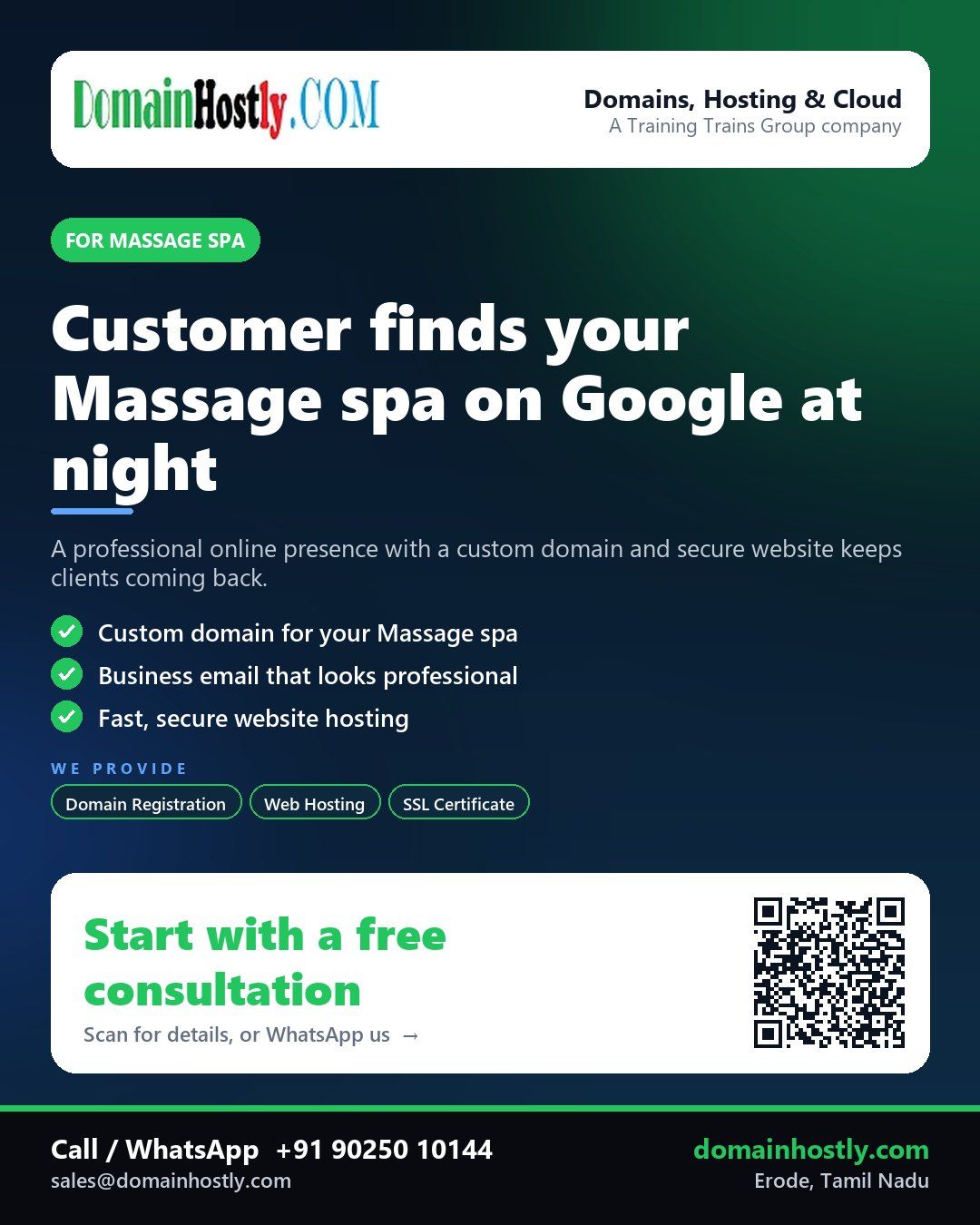 Massage spa branding with custom domain and professional website hosted by DomainHostly