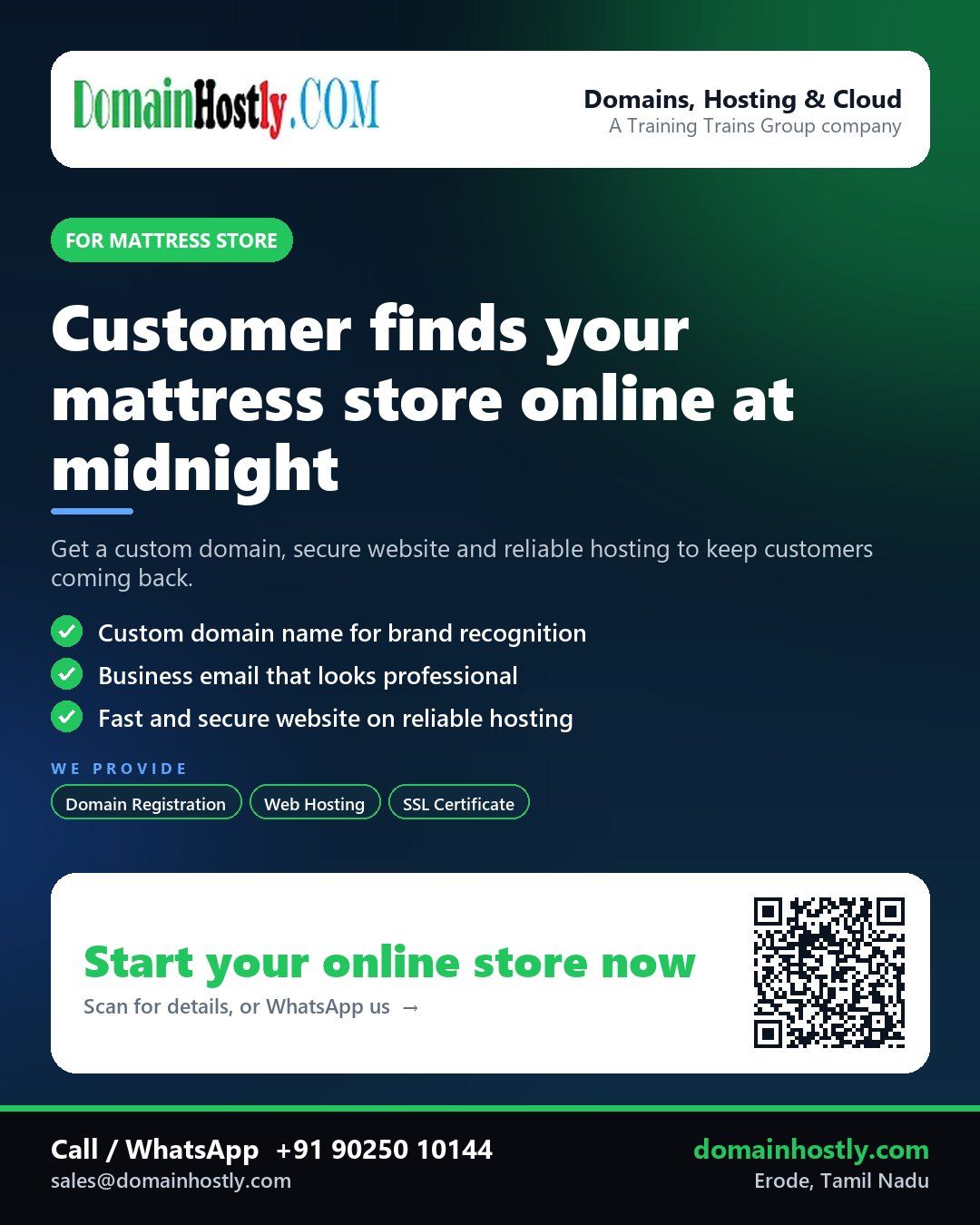 Mattress store brand with custom domain, secure website and reliable hosting on DomainHostly