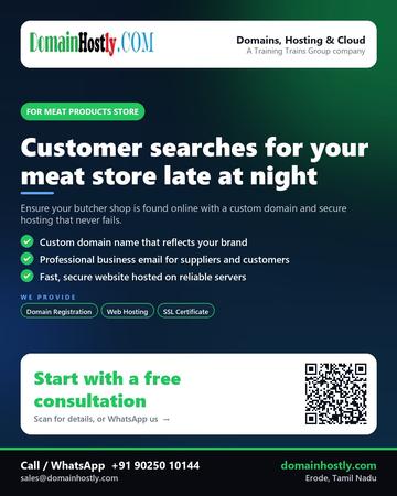 DomainHostly poster for Meat products store: Customer searches for your meat store late at night