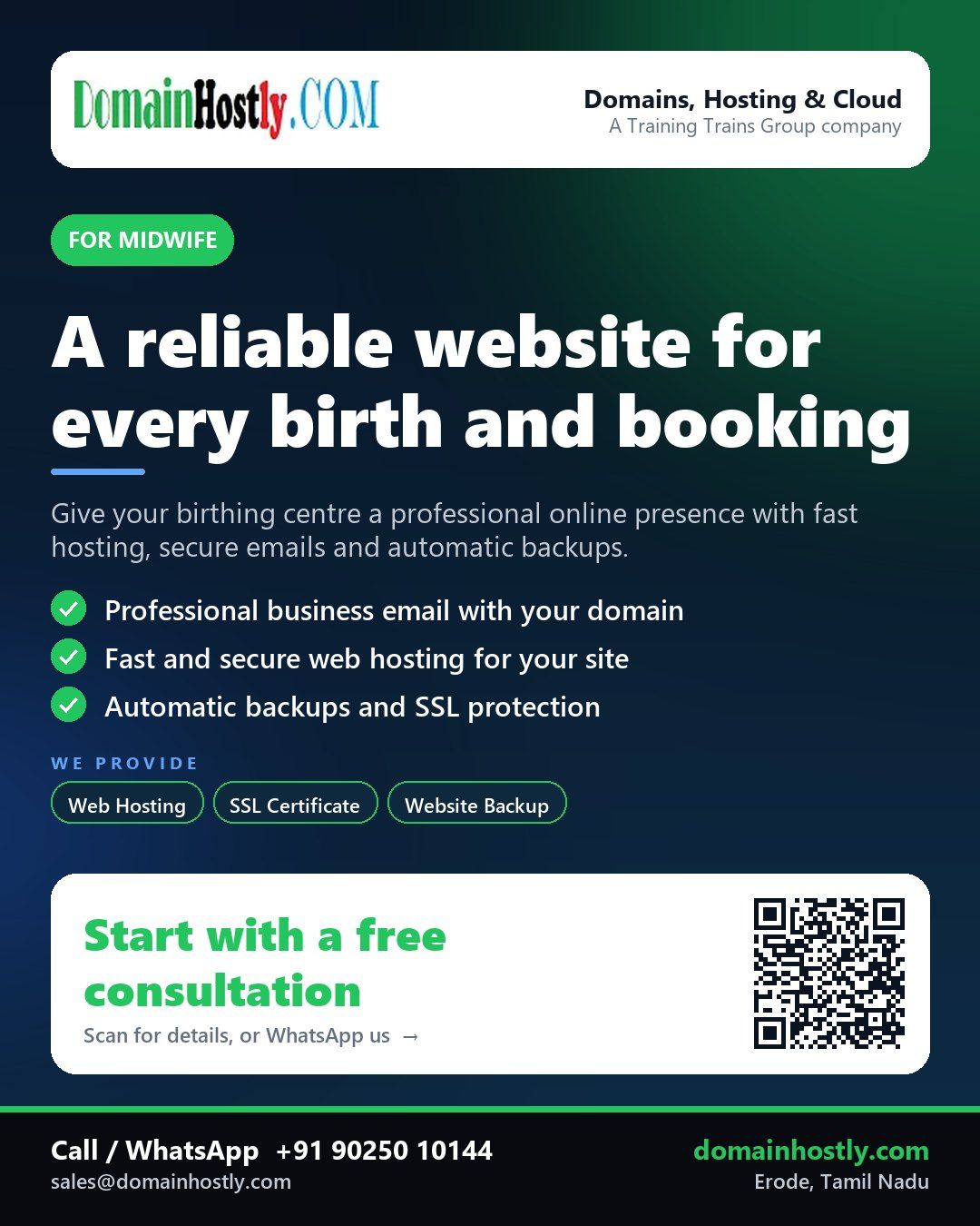 Midwife using DomainHostly services to run a secure and professional birthing centre website