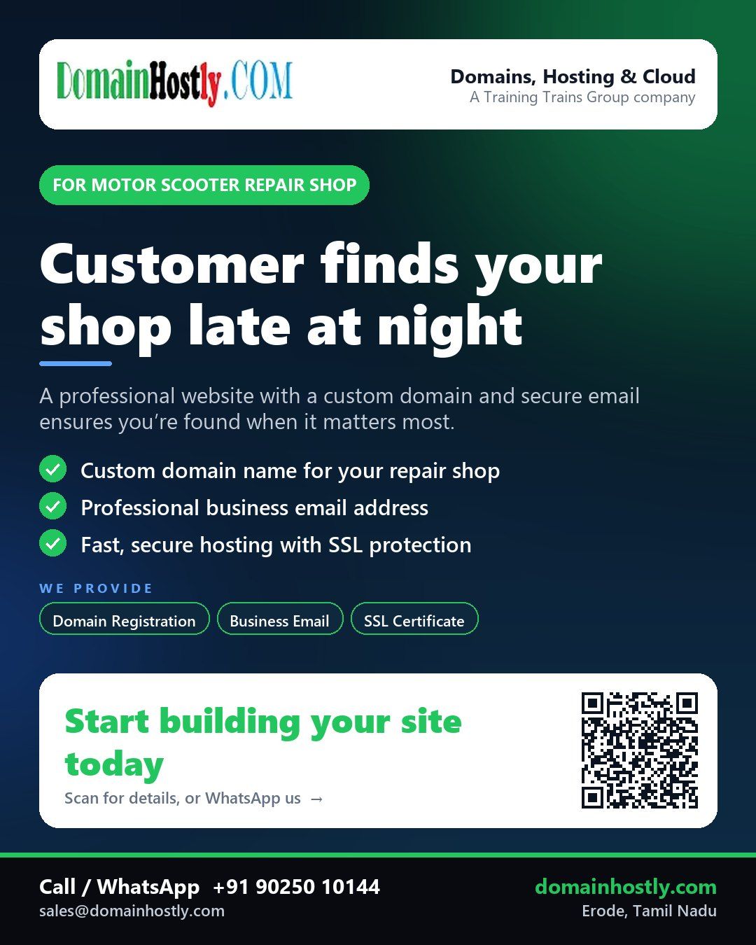 Motor scooter repair shop with DomainHostly logo showing a custom website and email setup