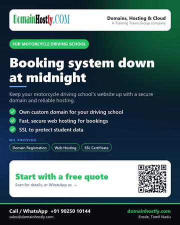 DomainHostly poster for Motorcycle driving school: Booking system down at midnight