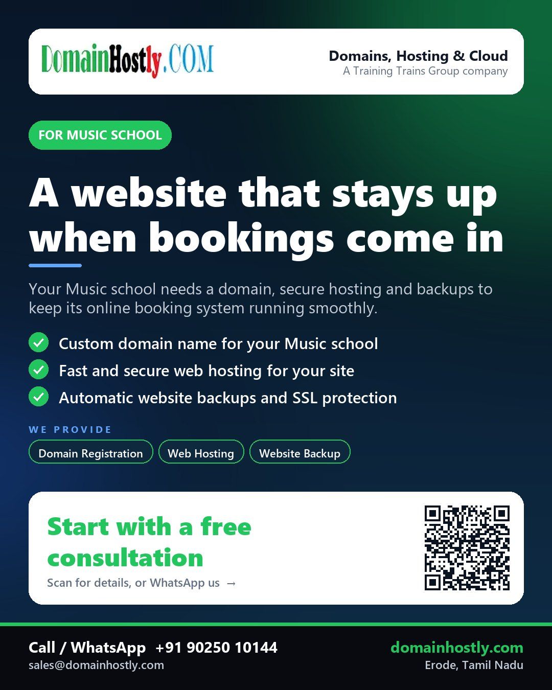 Music school logo with a website domain and secure hosting features displayed