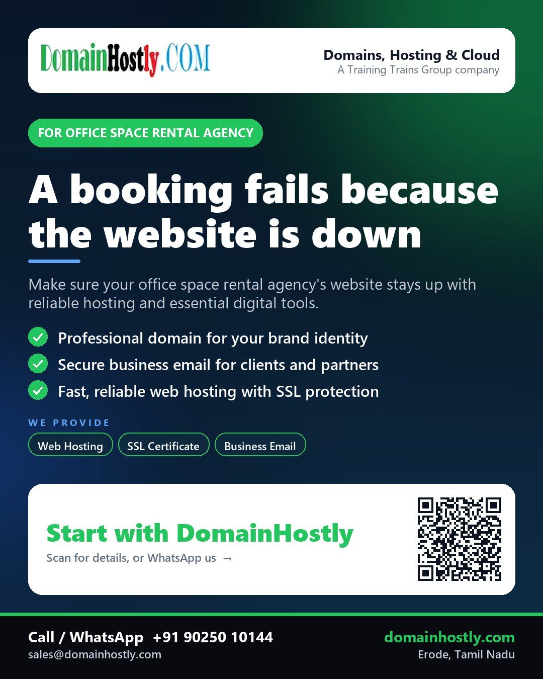 Office space rental agency with DomainHostly logo showing secure website and business email